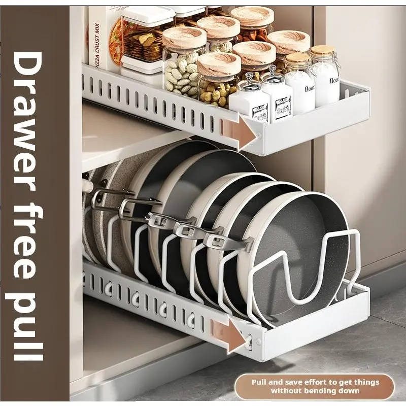 expandable pot and pan organizer rack for cabinet,kitchen storage organization pot lid organizer holder with 8 stainless steel adjustable dividers for kitchen cabinet organizer and storage, Pull Drawer, Kitchenware