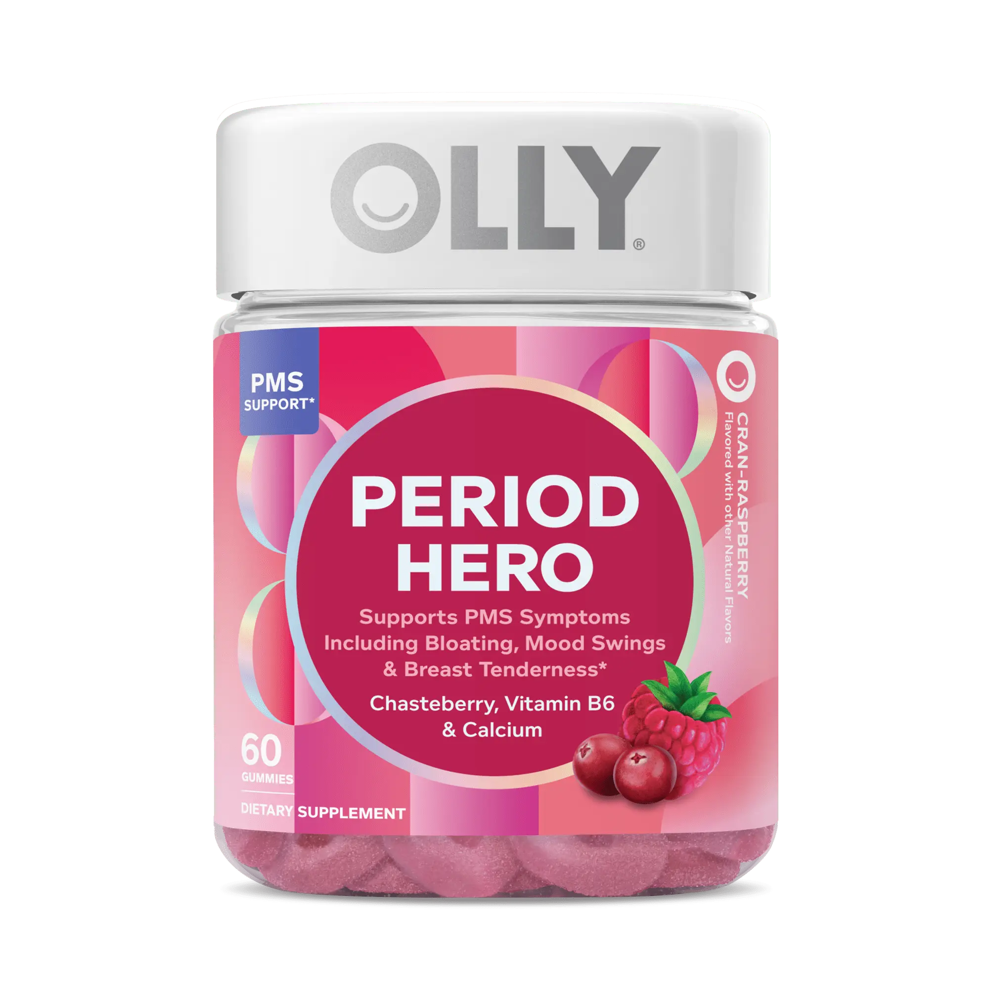 OLLY Period Hero - 60 Count Cran-Raspberry Flavored Supplement with Chasteberry Vitamin B6 & Calcium for PMS Support