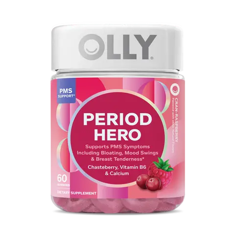 OLLY Period Hero Natural PMS Support Healthcare Supplement - 60 Count Cran-Raspberry (Cranberry-Infused) with Chasteberry, Vitamin B6, Calcium, Dietary Wellness Vitamins
