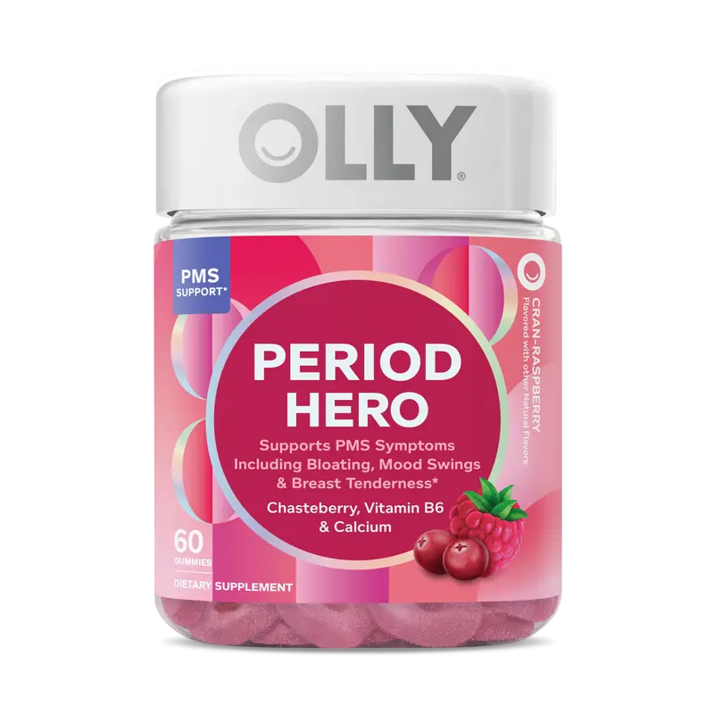 OLLY Period Hero Natural PMS Support Healthcare Supplement - 60 Count Cran-Raspberry (Cranberry-Infused) with Chasteberry, Vitamin B6, Calcium, Dietary Wellness Vitamins