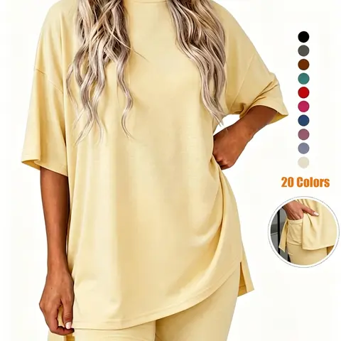 Crewneck Two-Piece Set For Women Summer Casual Oversized Split Hem Shirts & Side Pocket Biker Shorts Minimalist Lounge Wear Soft Viscose Fabric Comfy Homewear Cozy Pjs#Summervibes#SwimWeek