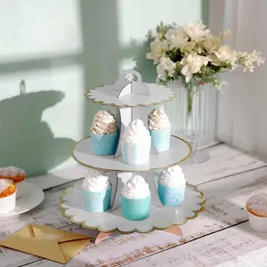 3-Tier Cardboard Cupcake Stand 13" White with Gold Scalloped Rim - Reusable & Easy-to-Assemble Dessert Treat Tower for Baby Showers Birthdays & Events