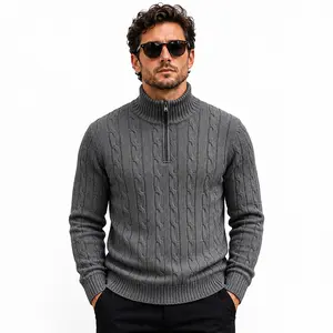 Lumin Rose Men’s Heather Gray Cable Knit Quarter-Zip Pullover, Soft Cotton Blend Long Sleeve Mock Neck Sweater, Warm Casual Winter Menswear for Smart Casual Streetwear Knitwear Knitwear