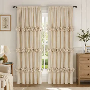 Farmhouse Ruffle Blackout Curtains with Handmade Bow Tie Decor, Vintage Elegant Drapes for Living Room and Bedroom, 2 Panels Set