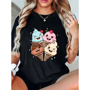 Women's Cute Ice Cream Cone T-Shirt - Smiling Soft Serve, Cherries, Sprinkles | Summer Casual Top for Ice Cream Lovers, Party/Daily Wear 100% Cotton T-shirt