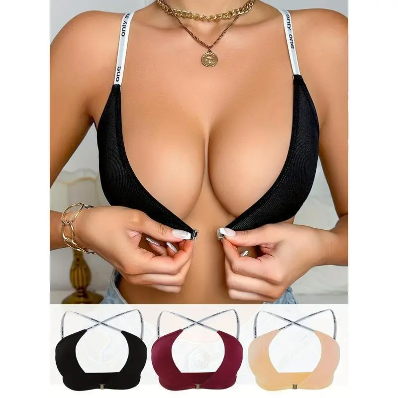 3-Pack Women's Sexy Front Closure Push-Up Bra - Wireless, High Support, Soft Polyester Blend, Adjustable Straps, Black/White/Burgundy, Comfortable Breathable Design, Supportive Underwear| Front Closure Bra| Smooth textured surface