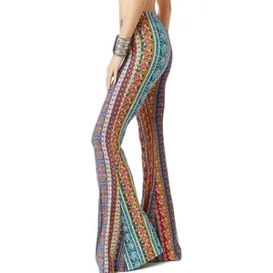 Women's Print Stretch Bell Bottom Flare Palazzo Pants Trousers