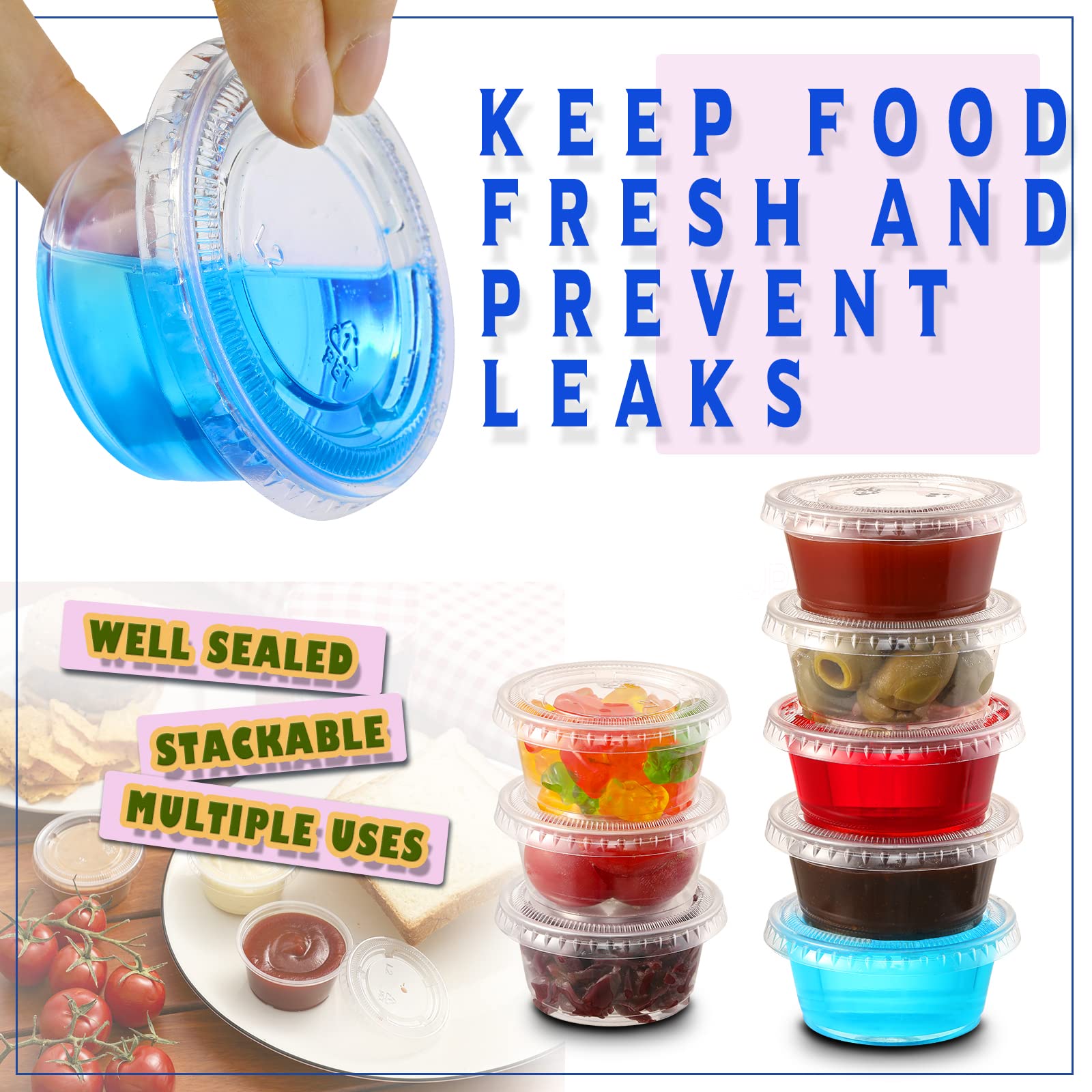 130 sets - 2 oz Jello Shot Cups, Small Plastic Containers with Lids, Airtight and Stackable Portion Cups, Salad Dressing Container, Dipping Sauce Cups, Condiment Cups