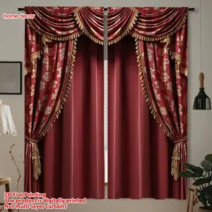 2pcs Wine Gold Embroidered Curtains, Modern Minimalist Design, Light Blocking, Suitable for Bedroom, Dining Room, Living Room, Kitchen, Balcony, Garden
