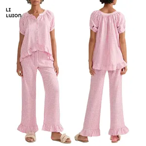 Women’s 2 Piece Pajama Set Short Sleeve Plaid Print Button Up Shirt + Ruffle Pants Set Sleepwear Loungewear