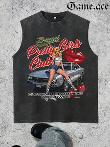 1 PCS GAME.ACE Washed Black Sleeveless Tank Top, "Pretty Girls Club" Retro Pin-Up & Muscle Car Graphic Print, Casual Y2K Streetwear, 100% Cotton Breathable Unisex Vest, Ideal for Daily Wear, Casual Outings, Great Gift for Retro Style Lovers