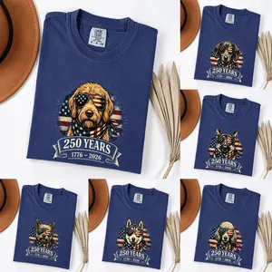 Comfort Colors Patriotic-Themed Shirt – 250 Years (1776–2026), T-Shirt Featuring a Dog Wearing Sunglasses to Celebrate U.S. Independence Day, 4th of July Dog Shirt, American Flag-Patterned Sunglasses