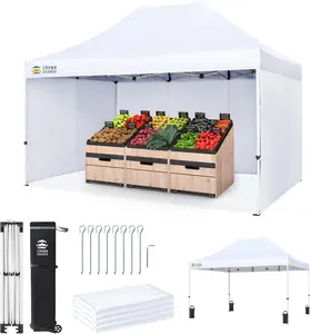 CROWN SHADES 10x15 Pop Up Canopy Tent, Thicken Frame Commercial Heavy Duty Tent, 4 Sidewalls 8 Stakes & 4 Sandbags & 4 Ropes, Outdoor Canopies for Events, Parties,White