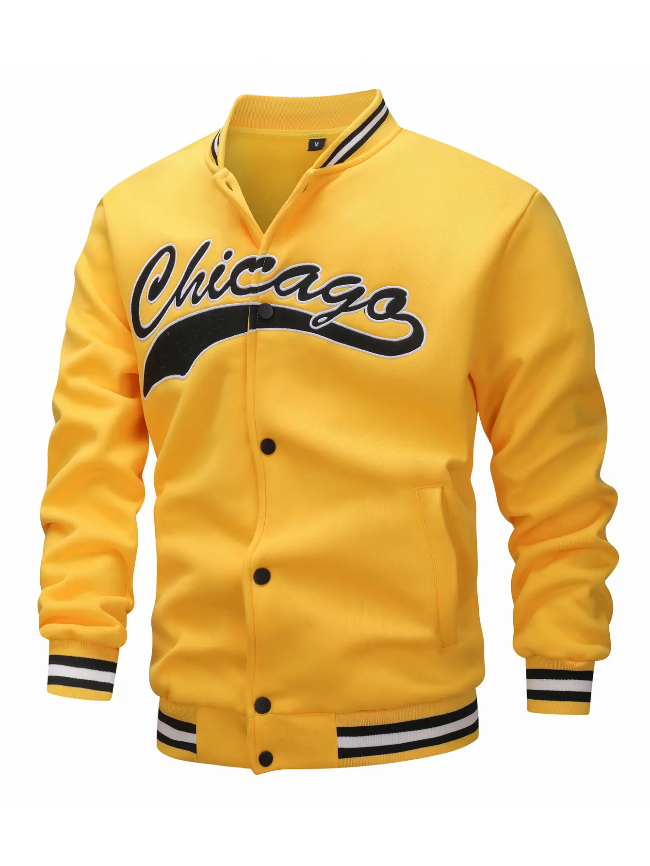 Men’s Embroidered Baseball Jacket, Collegiate Style Single-Breasted Jacket, Striped Ribbed Collar Casual Versatile Outerwear