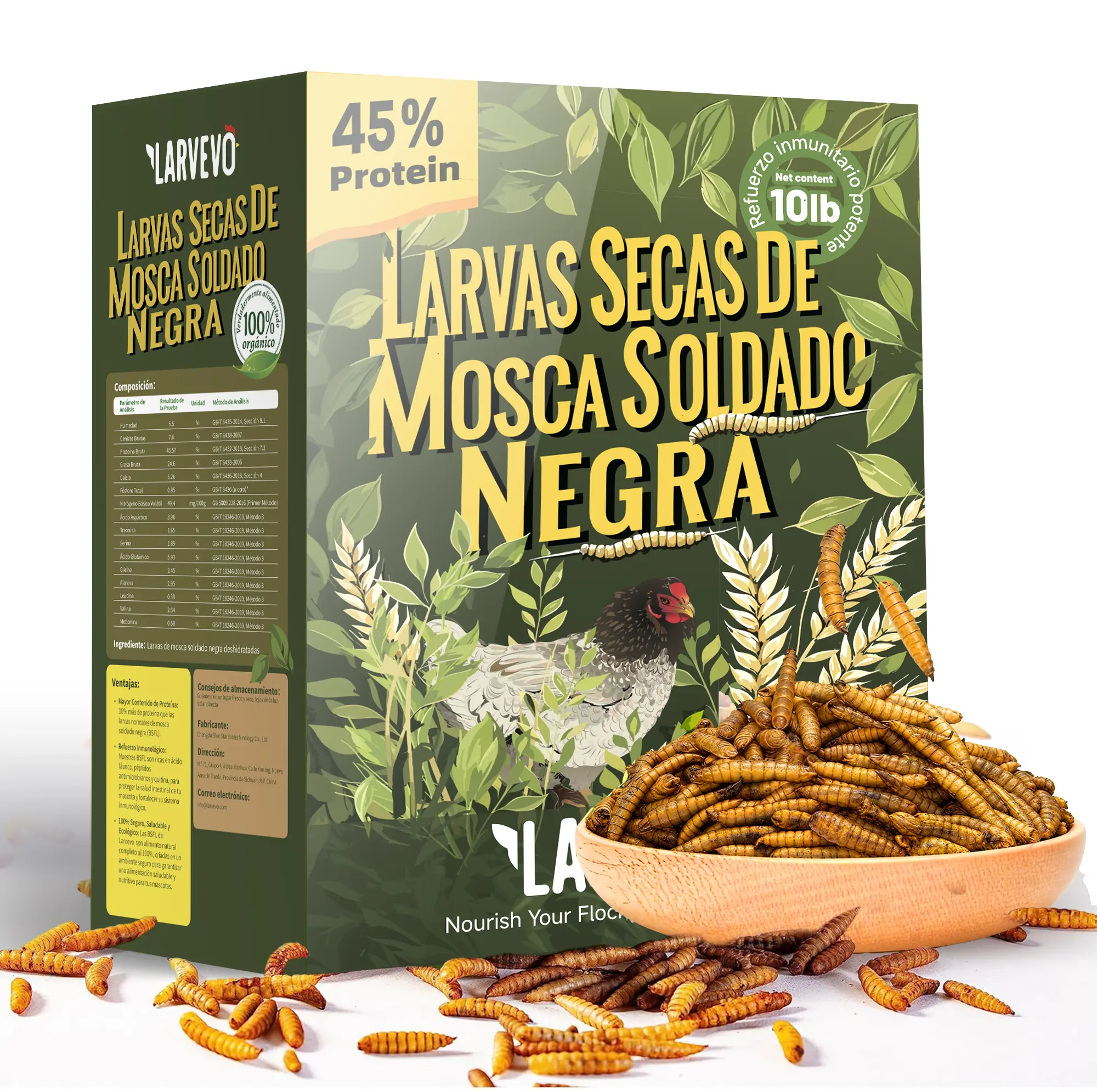 Larvevo 1 lb / 2 lbs / 5 lbs / 10 lbs Larvas Secas de Mosca Soldado Negra Non-GMO para Gallinas, 45% Proteína, Alto Calcio, Alimento para Gallinas, Alternativa a Gusanos de Harina, para Gallinas Ponedoras, Patos, Aves y Reptiles