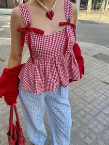 Women's Gingham Print Tie Shoulder Tank Top, Casual Sleeveless Top for Summer, Ladies Clothes for Daily Wear, Sleeveless Babydoll Top, Womenswear