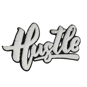 Patch Party Club, 1-pc, White & Black "Hustle" Chenille Patch, (SEW-ON or Glue On) Size 9"x6.5", Varsity Patch for Denim, Camos, Hoodies