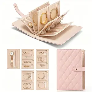 BOOVO Luxury Quilted Jewelry Organizer Book, Travel Jewelry Case with Clear Pockets,Easter Gifts， Aesthetic Cream Accessory Holder for Necklace Earring Ring water proof trinket trade storage organization bedroom decor Pouch, Durable Storage Organizer, Mul