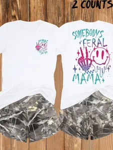 Y2K Women's Feral Mama Skull Print Tee & Camo Shorts Set, Spring & Fall Casual, High Stretch Fabric, Street Style
