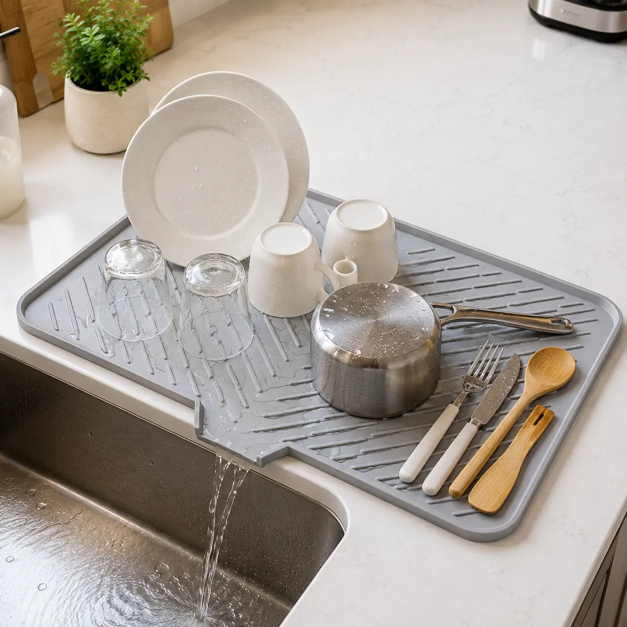 Rectangular Silicone Dish Drying Mat (23x17in, Grey) - Home Organizer Storage Tray for Household Users, with Built-in Lip, Hygienic, Sturdy, Compact, Easy-to-Clean, Surface Protection & Water Build-Up Prevention, Tableware