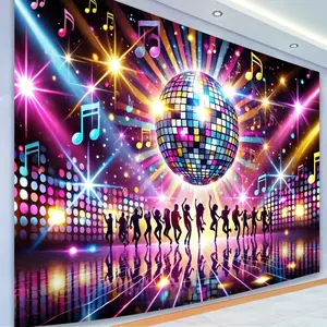 2D Flat Banner, 1pc Door Banner, Large Shimmer Wall Backdrop. Disco Party Backdrop with Disco Ball, Dancers & Musical Notes- Neon Dance Floor Photo Booth Background for Birthday, Wedding, Halloween, Christmas- Lightweight Polyester