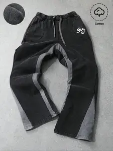 Unisex Street Style newyork Letter Print Black and gray Patchwork Cotton Sweatpants, Casual Fitted Joggers for Fall & Winter, Trendy Y2K Fashion Gift