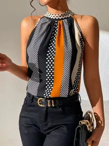 Women's Summer Sleeveless Fitted Shirt Top, Casual Stand Collar Print Design, Perfect for Daily Wear & Stylish, Everyday, Womenswear