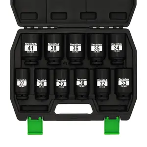 1/2" Drive Deep 6-Point Impact Socket Set, 11-Piece Deep Metric Spindle Axle Nut Impact Socket Set, Cr-Mo, 27mm - 41mm