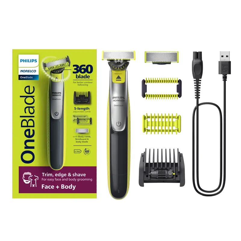 Philips Norelco OneBlade 360 Face + Body - Men's Hybrid Electric Razor & Beard Trimmer, 5-in-1  Comb and Body Hair Trimmer Kit, QP2834/70