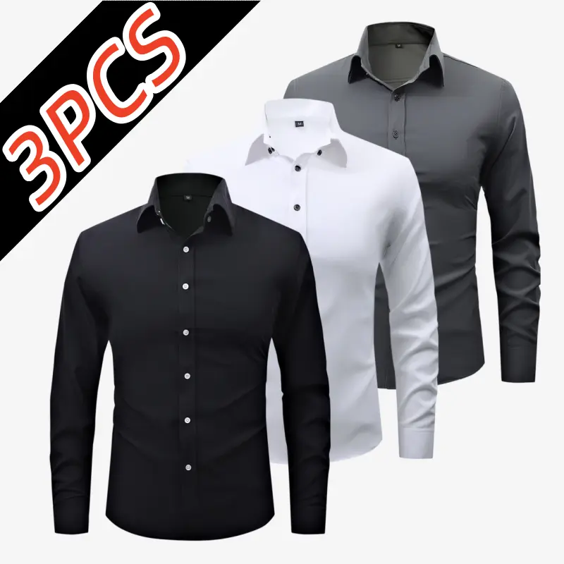 Men’s 3-Pack Fitted Versatile Work Long-Sleeve Shirts - Ice Silk High Stretch, Do Not Iron, Wrinkle-Resistant Fabric, Pointed Collar with Contrast Buttons, Non-Restrictive Slim Fit, Ideal for Office Commuting