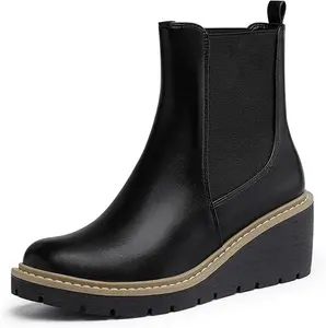 IDIFU Weatherproof Platform Ankle Boots, Women's Classic Comfort Waterproof Slip-on Rain Booties, Female Fashionable Elastic Walking Shoes, Footwear