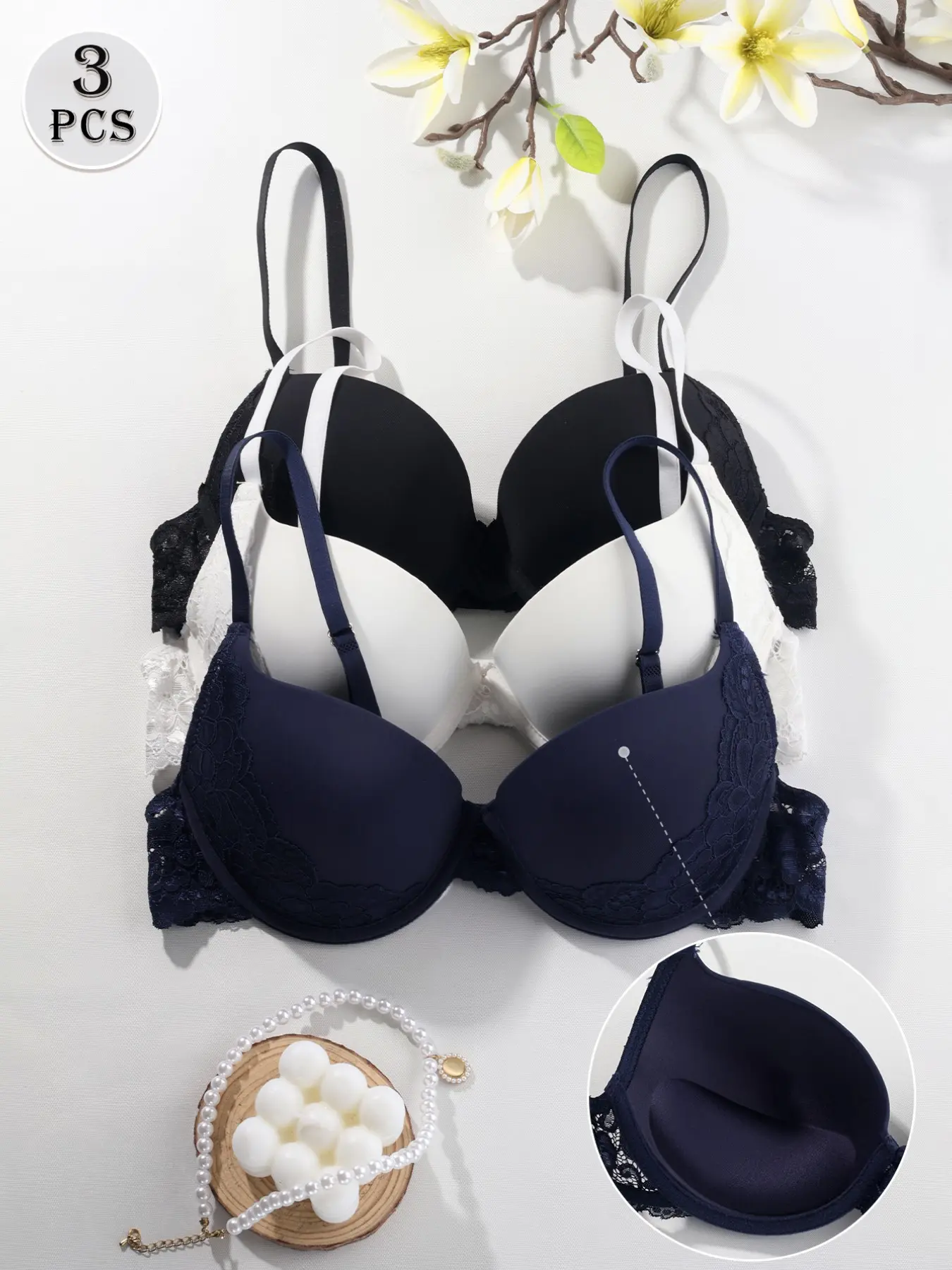 3 Pack Women's Lace Trim Underwire Push Up Bra, Bras with Underwire, Smooth Cup Seamless Fit, Breathable Lining Skin-Friendly No Stuffy Sweat, Adjustable Straps Back Hook Closure No Slip Lift Up Anti-Sagging Side Shaping Everyday Wear Lingerie Bras