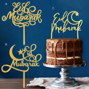 3pcs Eid Mubarak Cake Topper Shiny Acrylic Ramadan Kareem Birthday Sign Cupcake Toppers Birthday Party Cake Decorations Supplies Ornaments Cake Decorating Supplies