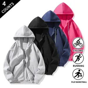 4-Pack Solid Color Men’s Zip-Up Hooded Jackets — Minimalist Full-Zip Sweatshirts, Skater/Hip Hop Streetwear, Casual Everyday Hoodies