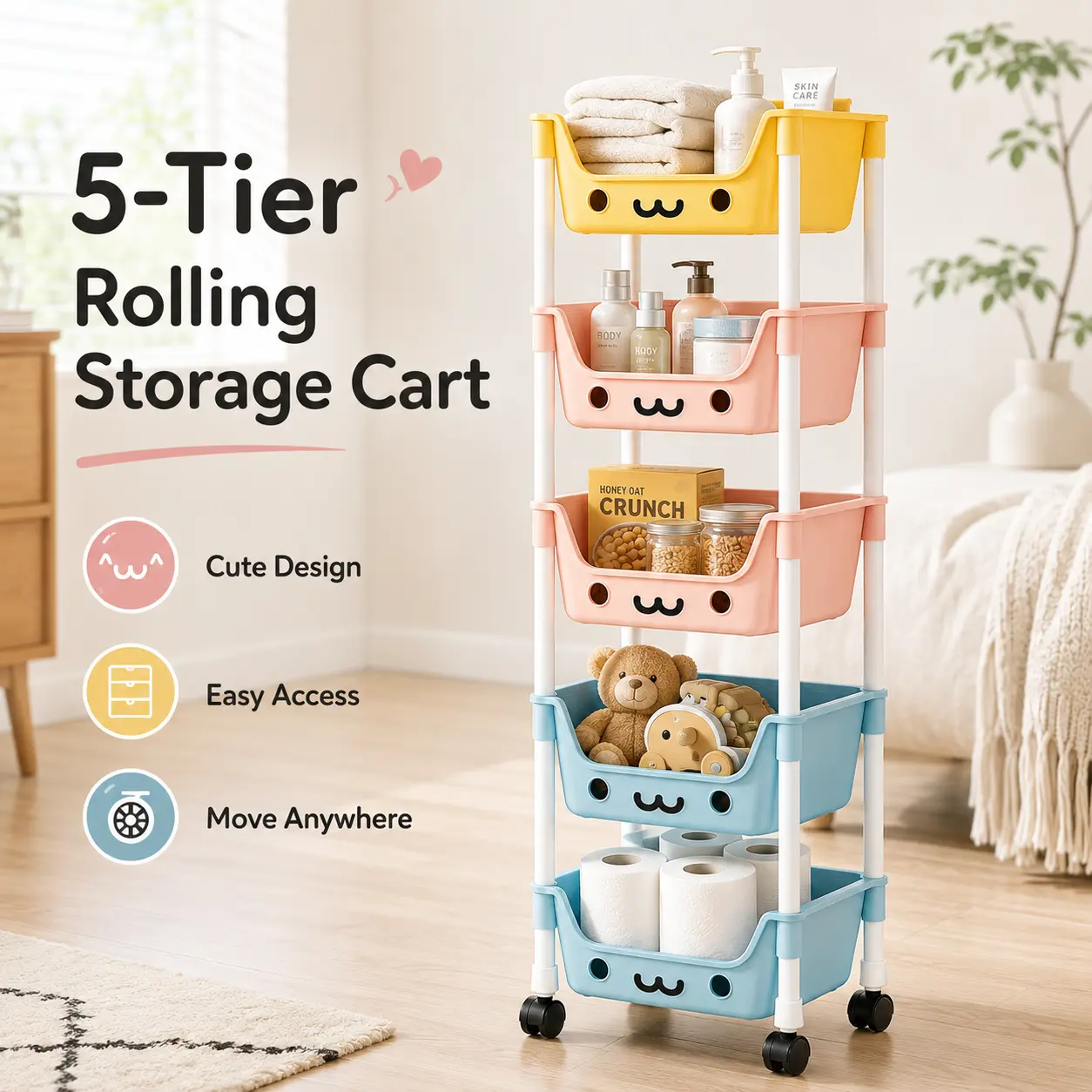 5-Tier ABS Plastic Rolling Storage Rack - Open-Front Bins, Rolling Wheels, Single Unit Multiuse Household Items Organizer (Yellow, Pink, Blue) for Nursery, Kids Room