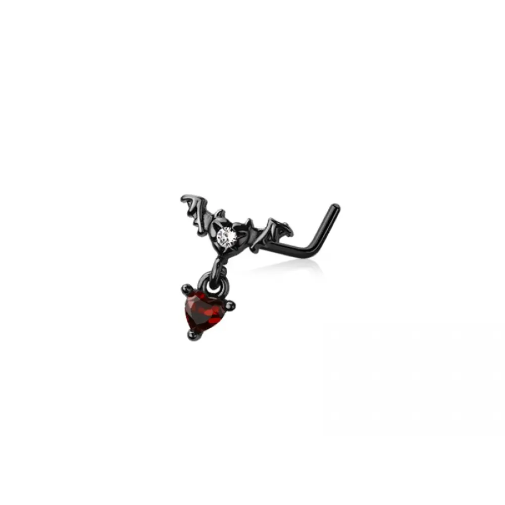 CZ Crystal Bat with Dangling Red Heart L-Bend Nose Stud - Black 316L Stainless Steel