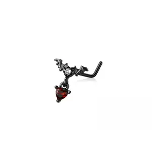 CZ Crystal Bat with Dangling Red Heart L-Bend Nose Stud - Black 316L Stainless Steel
