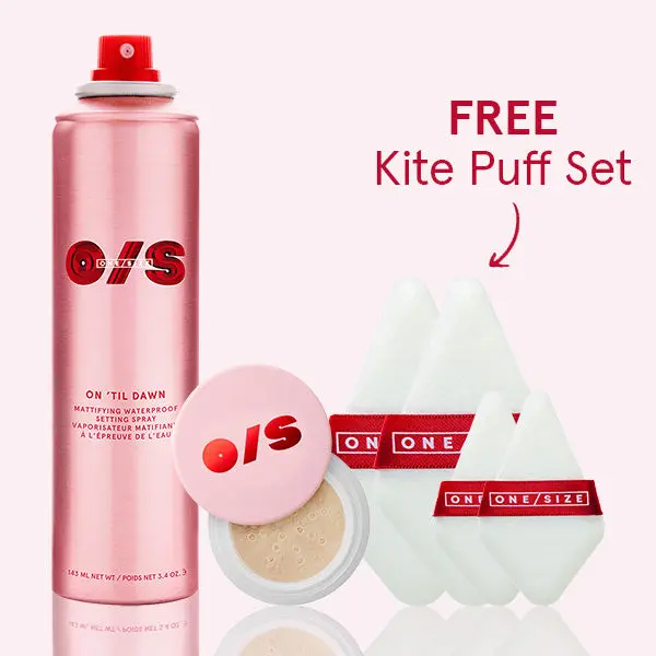 ONE/SIZE Must-Have TRIO: On 'Til Dawn Mattifying Waterproof Setting Spray + Blurring Setting Powder + Free Kite puff set x4 ONE/SIZE Must-Have TRIO: On 'Til Dawn Mattifying Waterproof Setting Spray + Blurring Setting Powder + Free Kite puff set x4