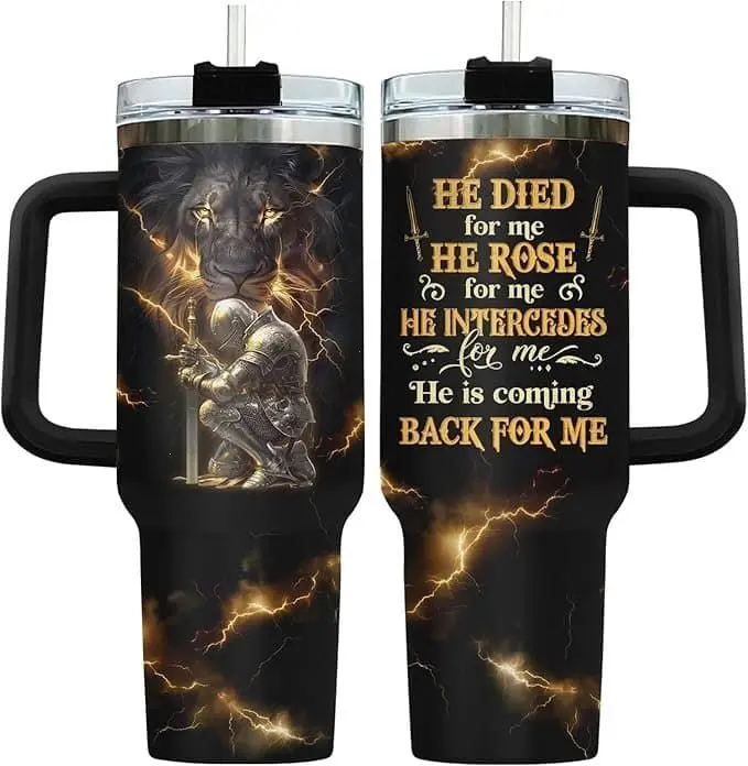 40oz Stainless Steel Insulated Water Bottle - Christian God Faith Lion Drinkware with Handle, Straw, Lid, Jesus Warrior Portable Tumbler, Religious Gift for Men (Father's Day, Birthday), Insulation, Water Bottles