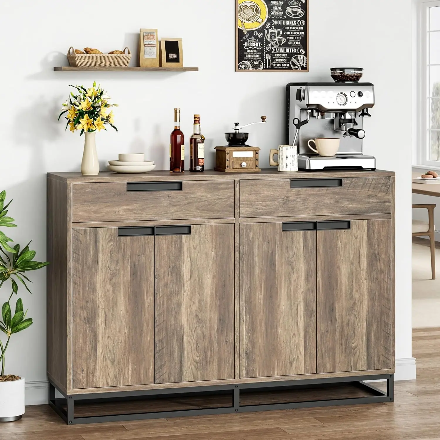 Durable Wood Sideboard Buffet Cabinet - 55.1" Large, Industrial Style, Heavy-Duty Tabletop, 2 Drawers, 4 Doors, Sliding Door, 150 lbs Capacity, Adjustable Storage, Metal Accents, Assembly Required, Farmhouse Coffee Bar for Kitchen & Dining Room Storage