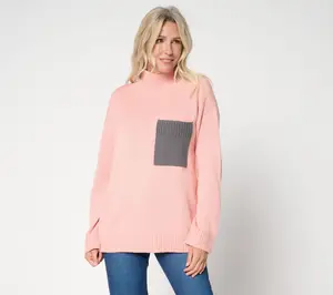 Peace Love World Cotton Turtleneck Color Block Pocket Sweater