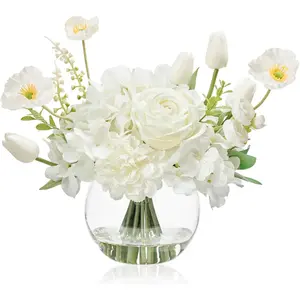 Artificial Flowers for Table Decoration Silk Hydrangea Flowers with Vase Fake Flower Arrangements in Round Bowl Vase with Faux for Summer (White)
