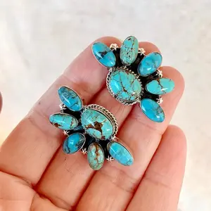 Light Beauty Boho-Style Vintage Versatile Geometric Floral Statement Earrings with Simulated Turquoise Inlay