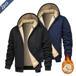 2PCS - Men's Casual Hooded Sweatshirt Set, 2-Piece Polyester Fleece Jacket with Zipper, Solid Color, Knitted Fabric, Hooded, Regular Fit, Suitable for Autumn and Winter