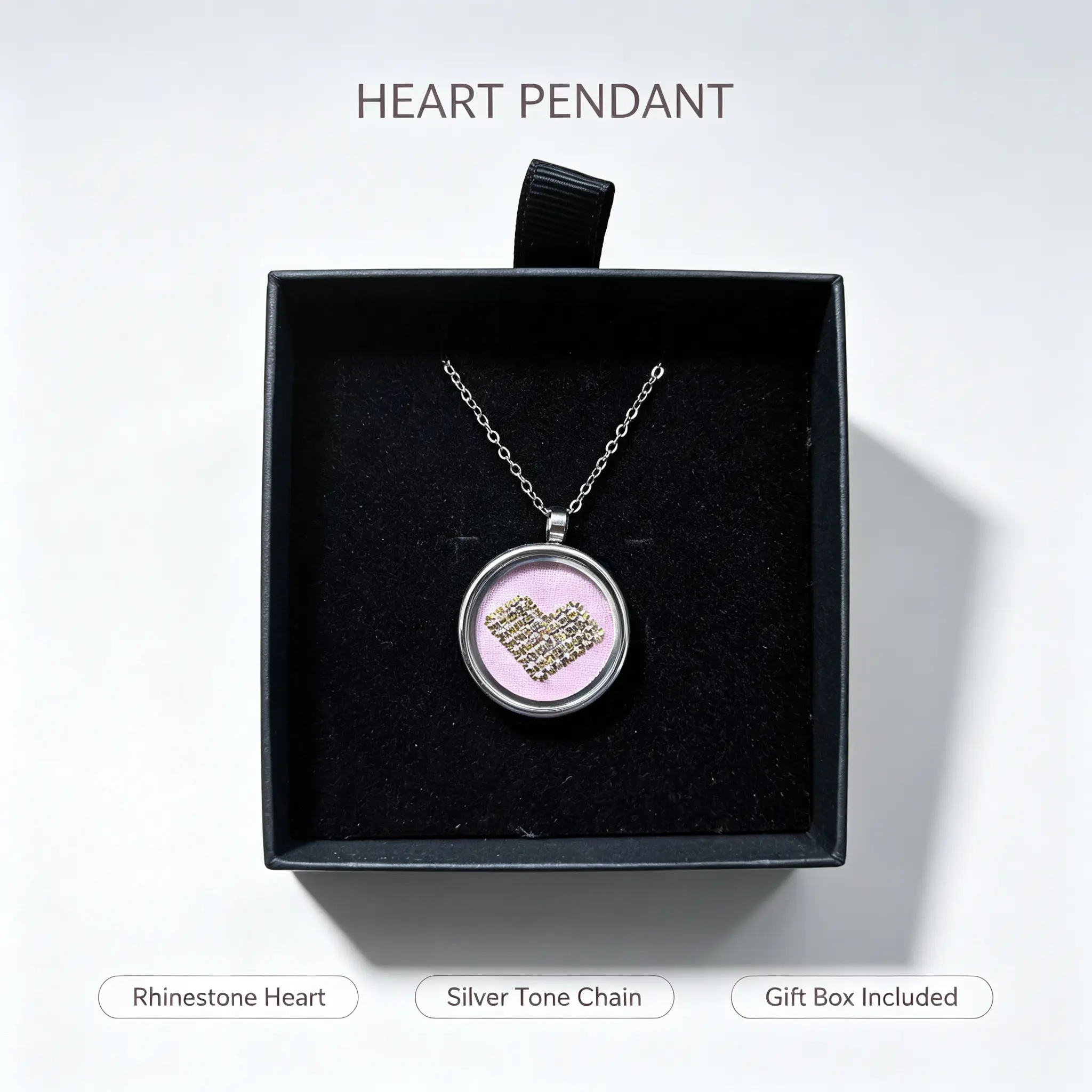 Women's Unique Xi-Xiu Folk-Craft Tin Embroidery Locket Necklace, Silver-Tone Chain Round Rhinestone Pendant Handmade Costume Jewelry for Anniversary Holiday Gifts