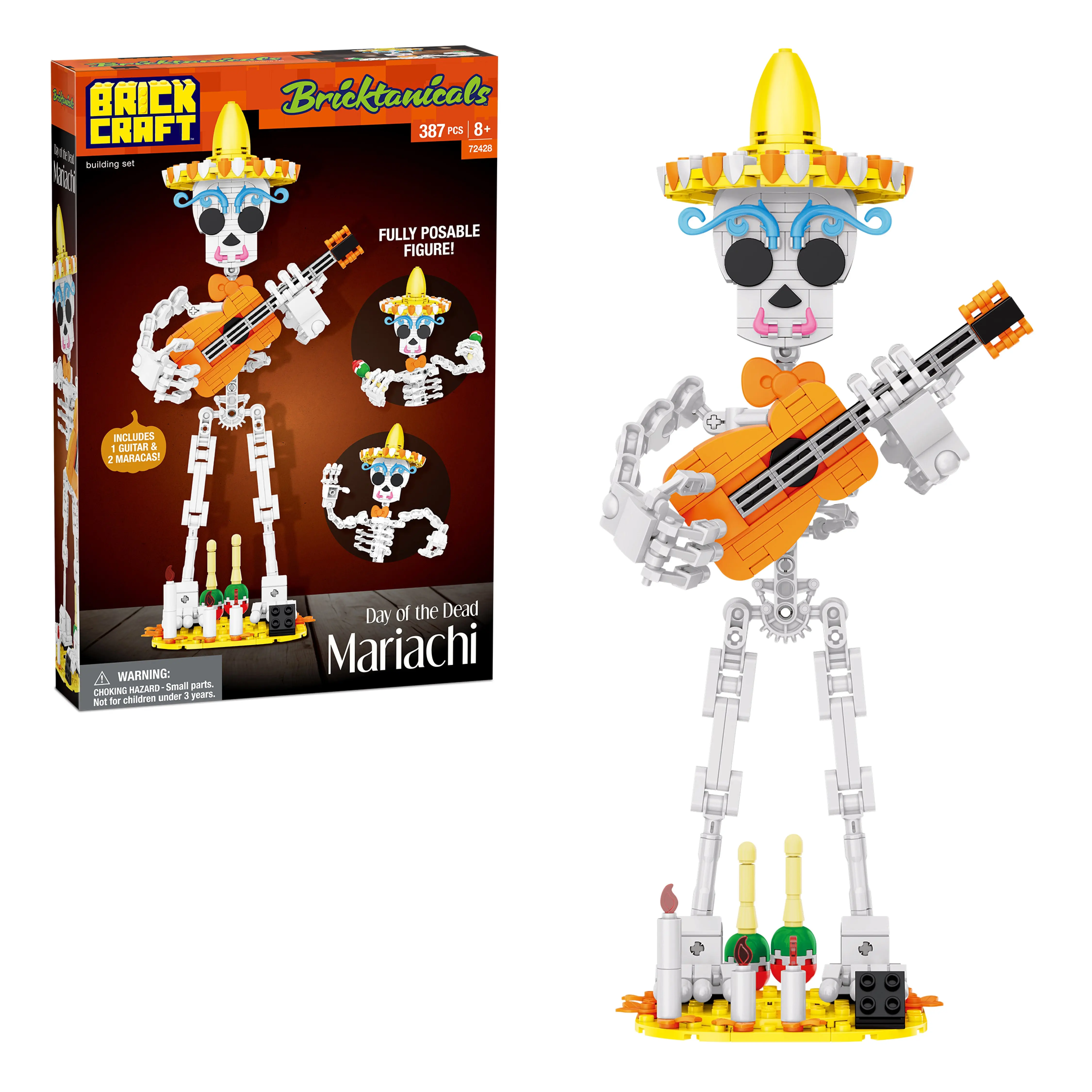 Brickcraft Day of the Dead Mariachi Building Set, 387-Piece Posable Skeleton Figure with Guitar & Maracas, Ages 8+