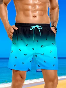 Men's Anchor Gradient Print Beach Shorts, Casual Loose-Fitting Above the Knee Swim Trunks, Perfect for Beach Vacation
