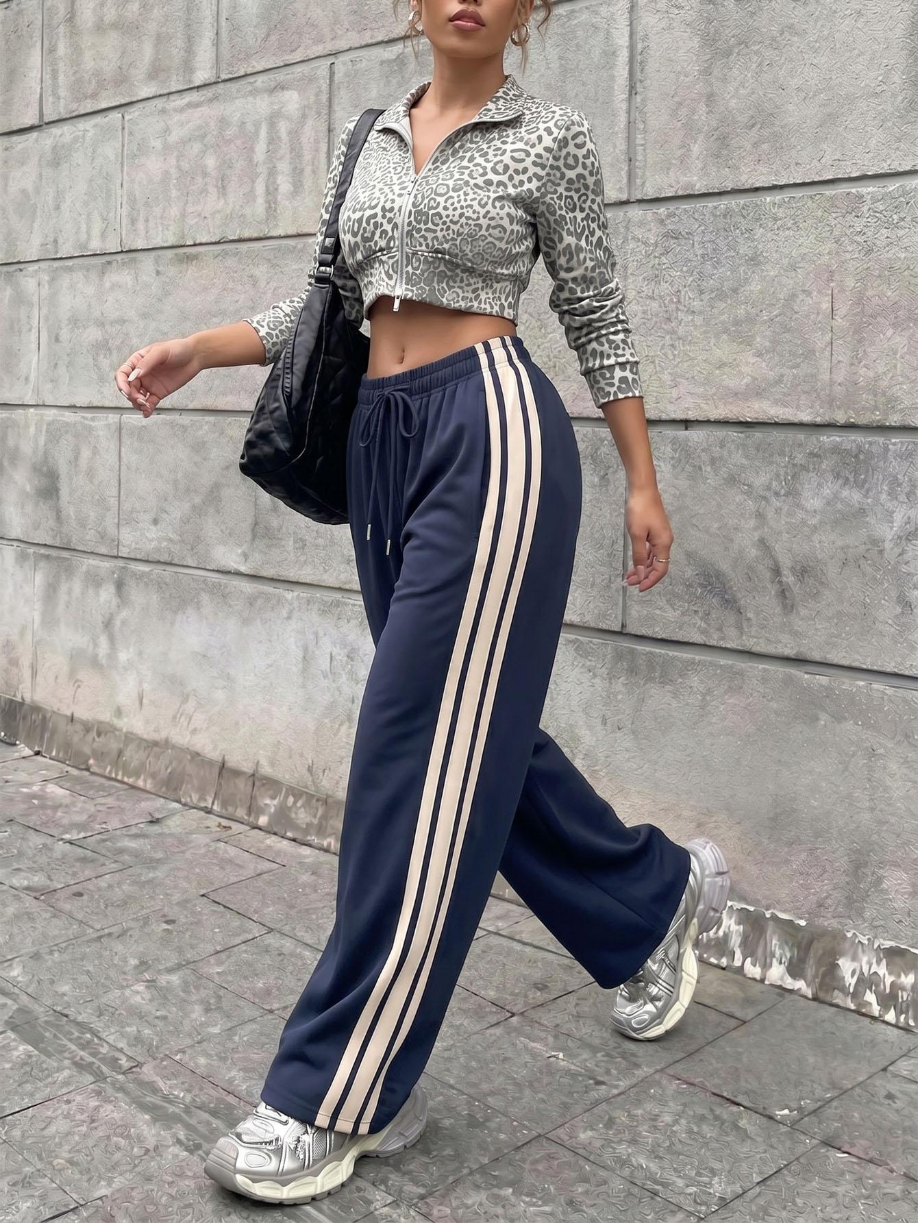 Women's Vintage Navy Blue Striped Woven Fabric Bottoms - Comfy Mid-Waist Elastic-Waist Straight Leg Pants for Spring/Autumn, Casual Retro Sports Pants with Fast Shipping