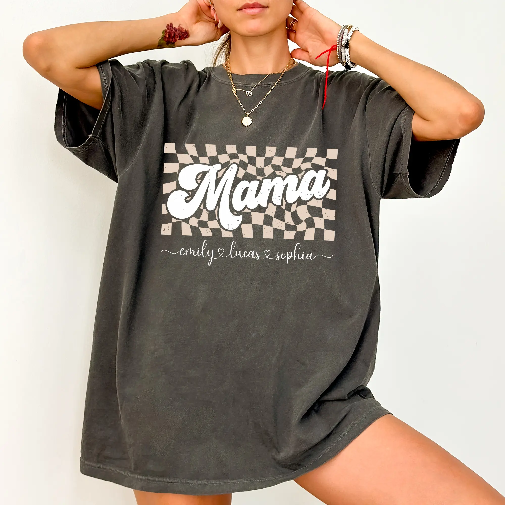 Custom Mama Comfort Colors Shirt, Checkered Mama T-shirt, Personalized Children's Name Mom Clothing, Mother's Day Gift, Personalized Gift For Mom
