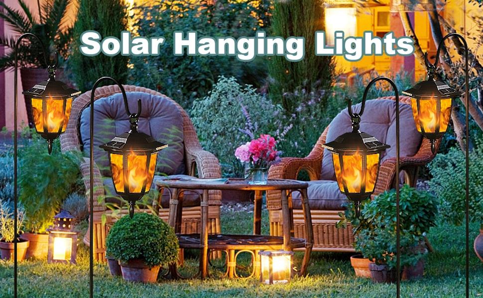 2 Pack Solar Flame Hanging Lights Outdoor, Halloween Solar Flickering Flame LED Garden Lanterns with 2 x 38 Inch Shepherd Hooks, Christmas Lighting for Lawn Patio Yard Pathway Driveway